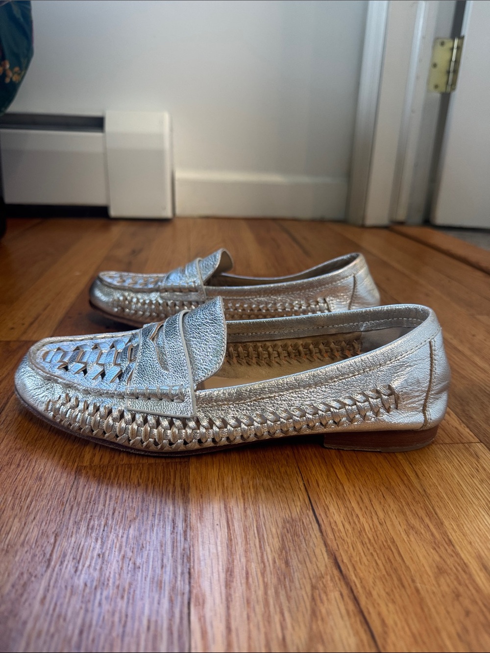 Veronica Beard Metallic Silver Woven Leather Loafers